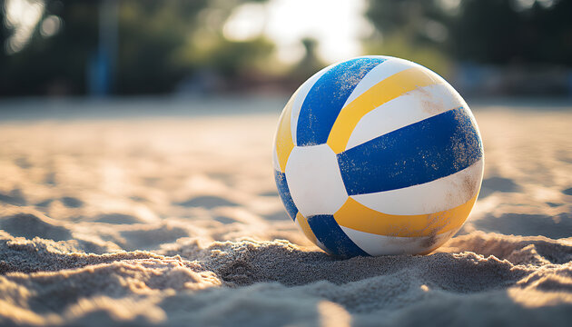 Volleyball ball sits on sandy beach. Ball in yellow, blue, white colors. Summer vacation, sports and recreation at seashore. Team sport, beach play, game competition during holiday