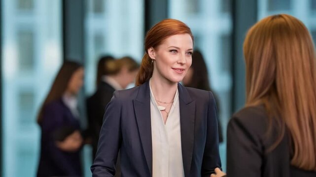 Businesswomen conversing during a corporate networking event showcasing connection and communication.