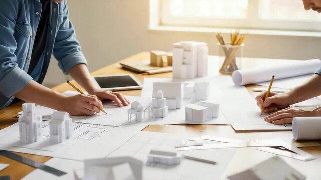 Architects working on projects at desk with blueprints and paper models of houses, creative design process
