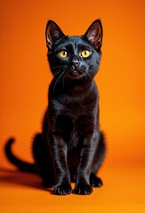 adorable black cat with striking yellow eyes sitting against a bright orange background, showcasing its playful and curious nature in a vibrant setting
