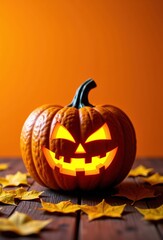 carved halloween pumpkin glowing brightly against an orange backdrop, surrounded by autumn leaves, symbolizing the festive spirit of fall celebrations