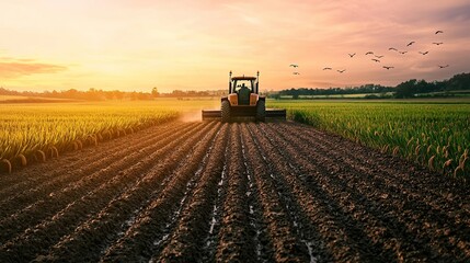 Autonomous farming machine driven by AI plowing through rice field, sunset light casting shadows, realistic mud
