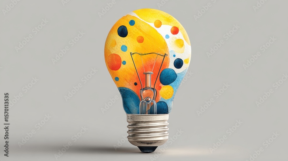 Poster a creatively designed light bulb showcases bright colors and abstract patterns, highlighting artisti