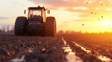 Fototapeta premium Autonomous farming machine driven by AI plowing through rice field, sunset light casting shadows, realistic mud