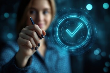 Woman's hand touches holographic check mark interface symbol, validating online task in digital environment