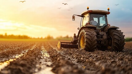 Autonomous farming machine driven by AI plowing through rice field, sunset light casting shadows, realistic mud