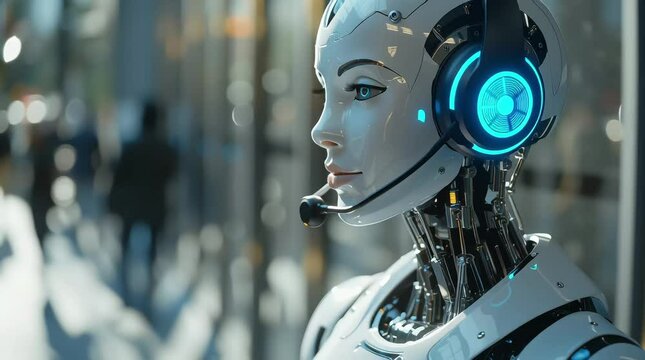 4K video of a female AI robot call center agent on a head set talking to a cilent in a modern call center