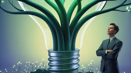 Man contemplates a light bulb tree illustrating renewable energy solutions and business innovations - Powered by Adobe