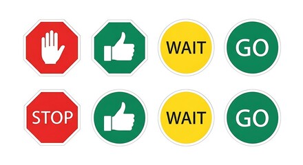 Fototapeta premium Traffic signs collection featuring stop wait go and thumbs up signals for guidance