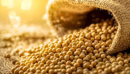 Soybean seeds wheat corn seeds near sackcloth. Agriculture harvest food ingredient, healthy eating concept. Grain crop production in Brazil. Cereals, nutrition raw products for vegetarian diet