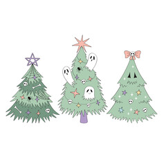 Hand Drawn Retro Vector Illustration set of Christmas Trees Adorned with Halloween Ornaments Including Skulls, Bones, Spiders, Cobwebs, and Sheet Ghosts. Ideal for spooky holiday cards, alternative