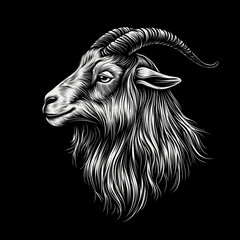 Detailed illustration of a goat head with flowing mane