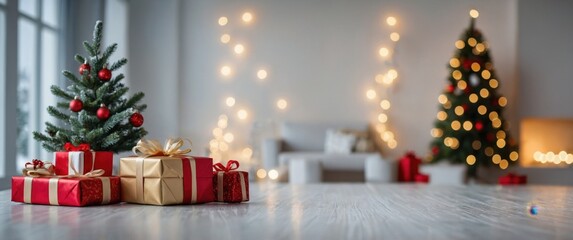 Small Christmas tree with red balls and wrapped gifts on white table