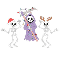 Retro Groovy Dancing Skeletons in Santa hat and with reindeer antlers and a Grim Reaper with Scythe Wrapped in Christmas Garland vector illustration set isolated on white. Ideal for Halloween meets