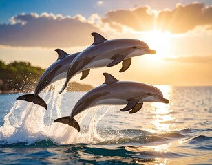 Fototapeta premium Dolphins leaping at sunset (3)