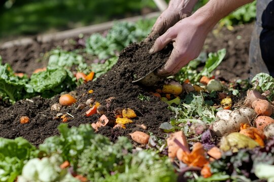 Gardener is adding compost and soil to vegetable scraps, creating nutrient rich soil for a thriving garden