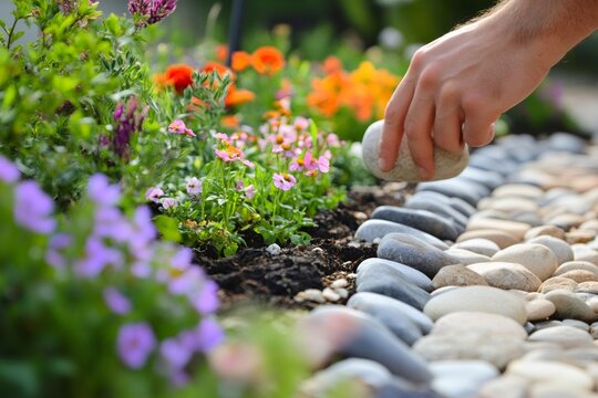 Close up of a gardener arranging stones to create a border around colorful flowers in a garden bed, enhancing the landscaping
