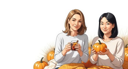 Caucasian woman holding a hot drink and an asian woman holding a pumpkin for Autumn celebration and Thanksgiving holiday.