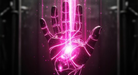 Robotic hand with glowing pink lines and particles emitting light, symbolizing artificial intelligence data processing.