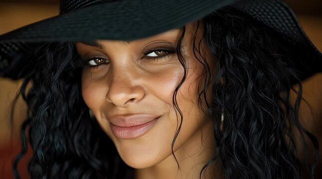 Wavy hair young adult cisgender woman winks with medium skin, freckles, and a black hat in a professional close-up portrait