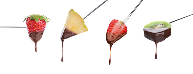 Collage of tasty fruits covered with chocolate on white background