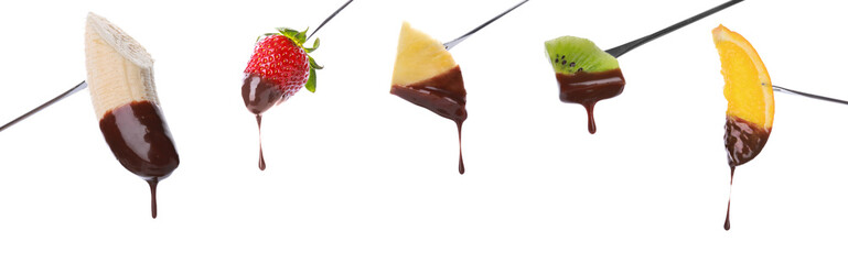 Collage of tasty fruits covered with chocolate on white background