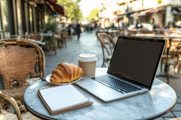 Laptop, notebook, croissant and coffee resting on a table in a Parisian outdoor cafe, suggesting a relaxed and productive work environment