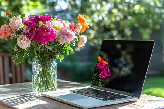 Modern laptop with black screen and colorful peonies bouquet in glass vase on wooden desk in a garden reflecting on the screen, creating a peaceful workspace