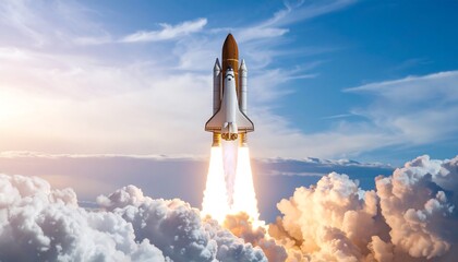 Space shuttle launching into clouds