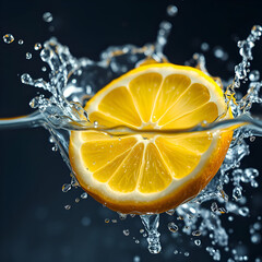 macro of orange slice splashing into crystal clear water. Black background. JPEG, 12x12in, 3600x3600px, 3.9MB, 300p/i