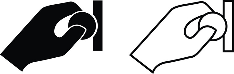 Minimalist illustrations of hand gripping a circular object and approaching a rectangular surface