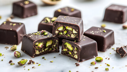 Halved chocolate bar with caramel pistachio filling, stacked. Close-up treats. Delicious sweet snack with nuts, green pistachio filling. Gourmet layered dessert. Luxury food indulgence