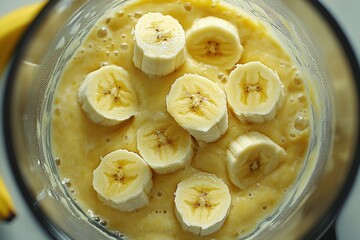 Banana slices blended in a glass blender to make a smoothie.