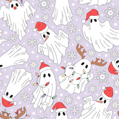 Retro Whimsical Spooky Halloween Christmas Fusion Vector Seamless Pattern with Sheet Ghost Snowmen in Santa hat, Garland Wrapped Ghost with Reindeer Antlers. Ideal for alternative holiday wrapping