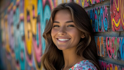Naklejka premium Charming portrait of young person against vibrant grunge wall art background - urban portrait