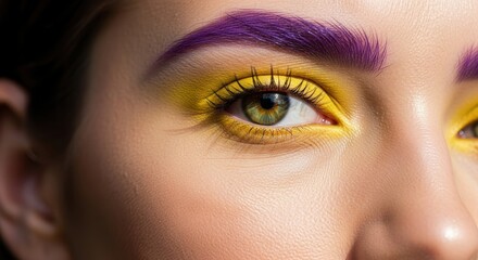 Fototapeta premium Close-up of female eye with bold purple eyebrows and yellow eyeshadow