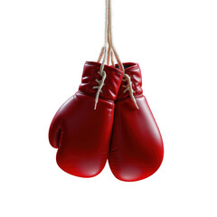 Two Red Boxing Gloves Hanging from a Rope on Transparent Background for Sports Equipment Imagery
