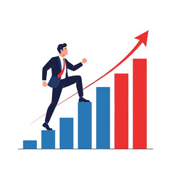Business growth concept with man climbing bar chart, flat vector