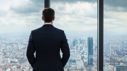 Fototapeta premium Businessman overlooking a vast city from a high-rise office, leadership, vision