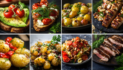Collage food assortment with popular breakfasts lunches snacks. Various dishes on plates include burger with guacamole, pumpkin fries, meat, fish with potatoes, meat balls, pasta with tomato sauce