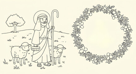 Shepherd with sheep in a pastoral landscape, holding a staff and basket, surrounded by trees and grass, with a decorative floral wreath for creative design purposes