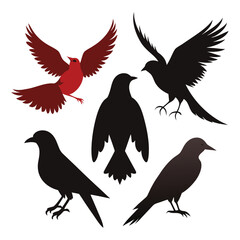 Obraz premium Bird Silhouette Vector Illustration Set Perched and Flying Poses Six Different Birds