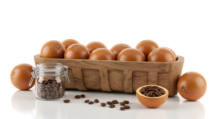 Fresh oranges in a wooden basket with a jar of coffee beans and scattered beans on a white surface, creating a vibrant and inviting kitchen scene for culinary inspiration