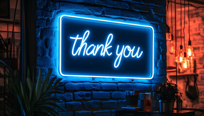 Neon sign Thank you glows, framed blue light. Background textured brick wall. Expressive sign for appreciation, gratitude, good vibes. Decor, modern urban aesthetics, message of positivity