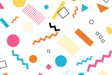 Vibrant memphis pattern featuring geometric shapes and colorful elements, perfect for modern designs and retro-themed backgrounds.