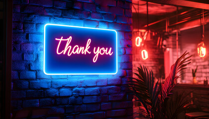 Neon sign Thank you glows, framed blue light. Background textured brick wall. Expressive sign for appreciation, gratitude, good vibes. Decor, modern urban aesthetics, message of positivity