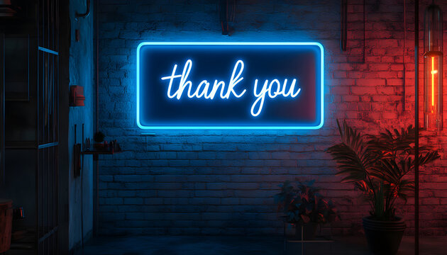 Neon sign Thank you glows, framed blue light. Background textured brick wall. Expressive sign for appreciation, gratitude, good vibes. Decor, modern urban aesthetics, message of positivity
