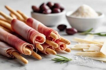Close-up of prosciutto being wrapped around grissini (breadsticks), with parmesan shavings and olives scattered on a marble surface.