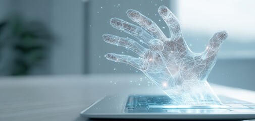 The digital hand emerging from a laptop symbolizes futuristic technology and innovation.