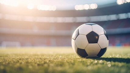 Soccer ball on the green grass of football stadium. Soccer ball on the field